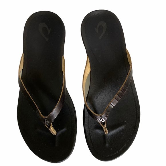 OluKai Shoes - OluKai Leather Flip Flop Sandals Women’s Black 8